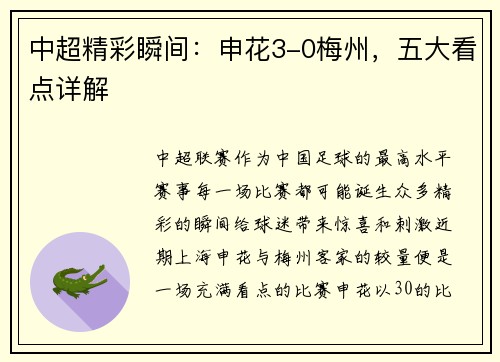 中超精彩瞬间：申花3-0梅州，五大看点详解